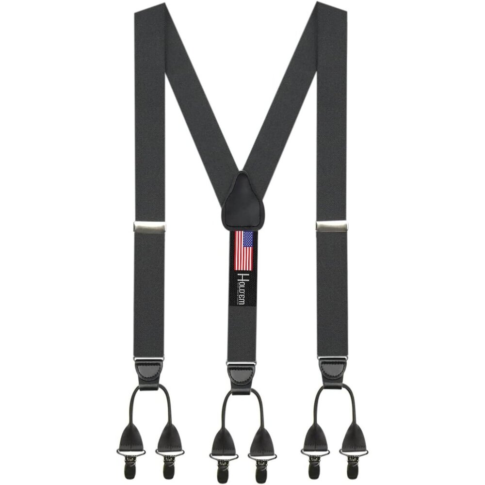Hold'Em Men Elastic Double-Hold Button Look Suspenders No Slip Pin Clip - Gray